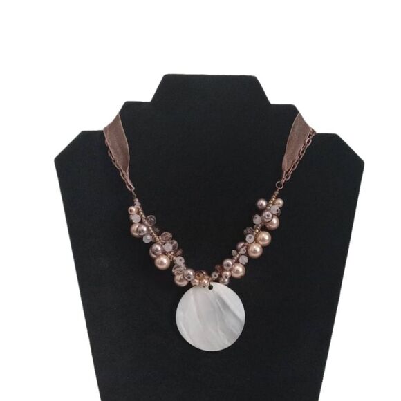 Cookie Lee Shades of Brown Ribbon Chain Double Strand Abalone Pendant Necklace - Picture 1 of 10
